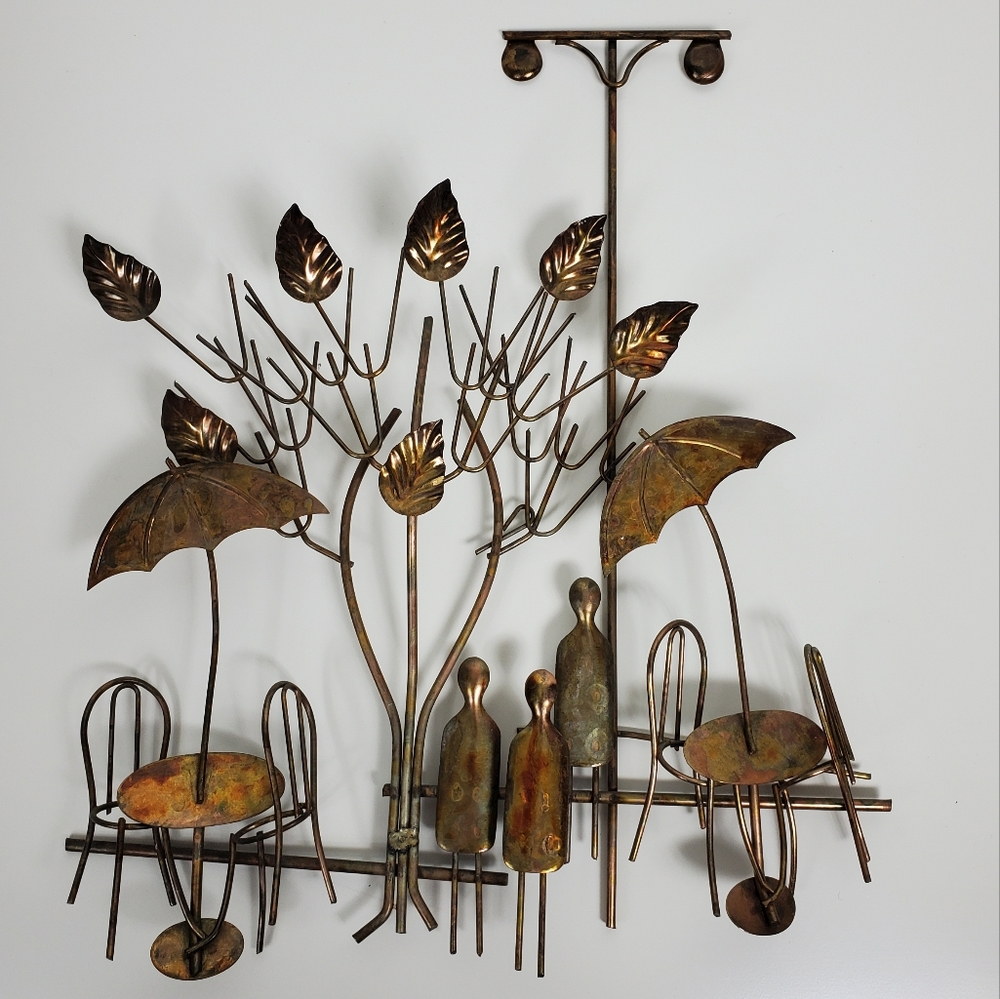 Vintage 1974 Enesco 3d copper wall art city scape table and trees